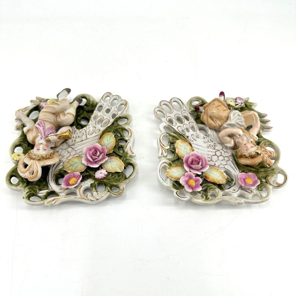 Vintage Victorian Cottagecore Shabby Chic Porcelain Floral Wall Decor Pair - Picture 3 of 8